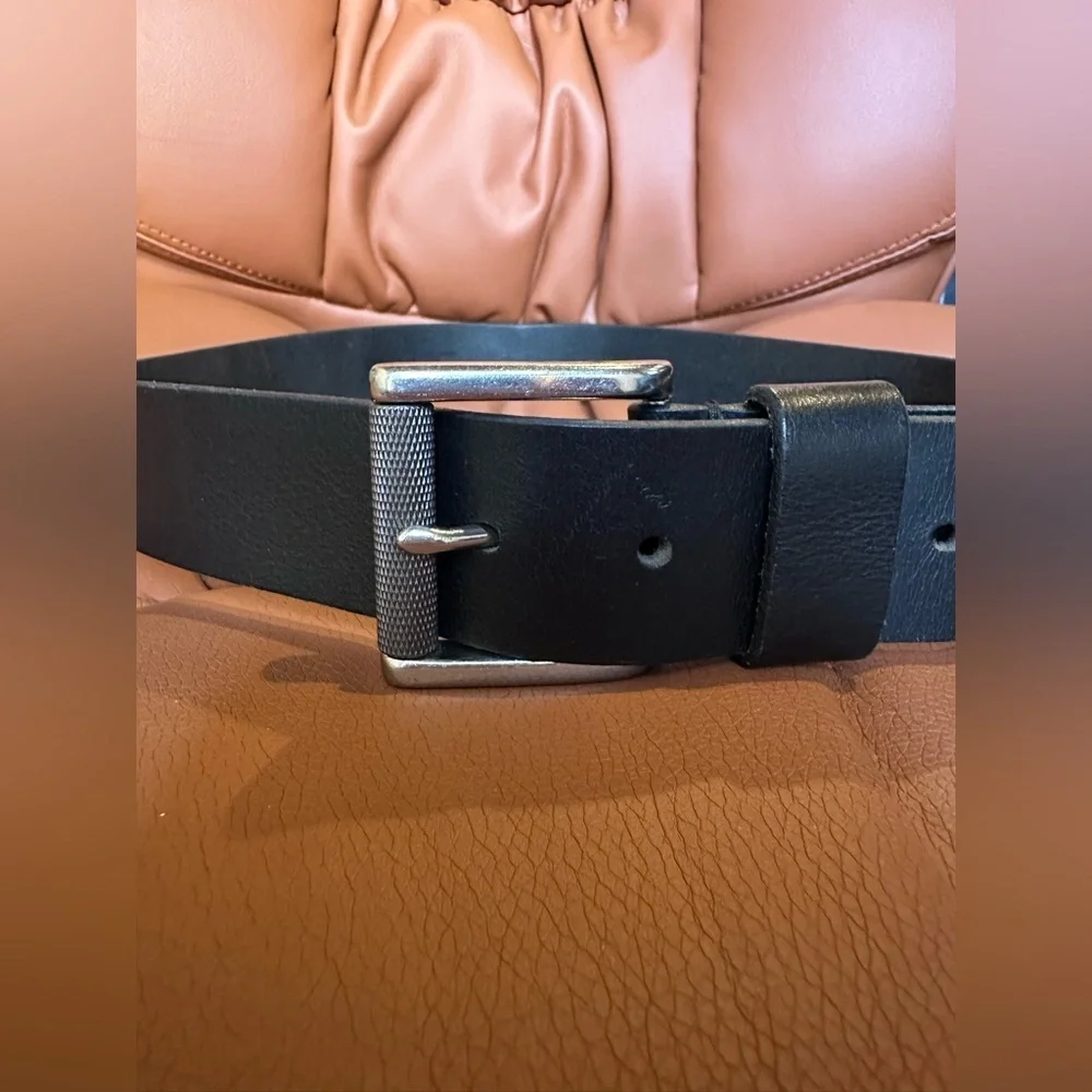 Men's Classic Black Leather Belt Size 36 Silver Buckle Jeans Trouser